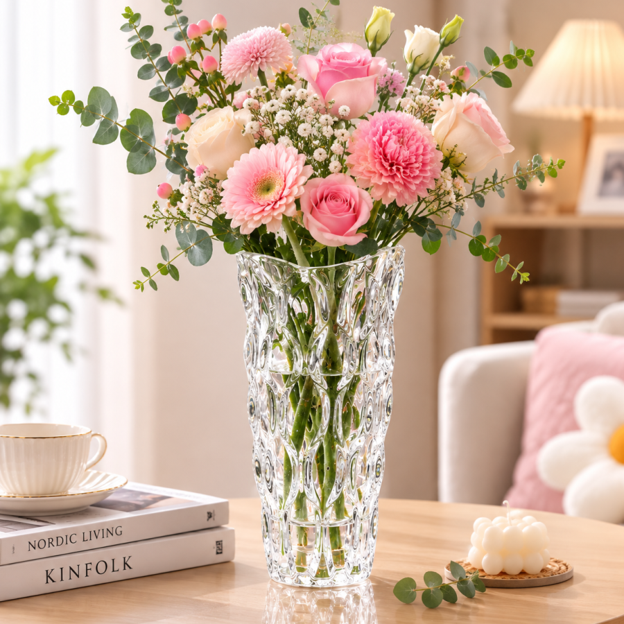 Lọ hoa thủy tinh trắng trong vẩy rồng cao 30cm (V)