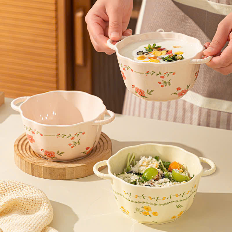 Bát Sứ Có Tay Cầm Họa Tiết Hoa Lá Dễ Thương 17cm