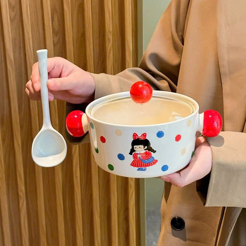 Nồi Sứ Nắp Thuỷ Tinh Kèm Muỗng Bé Gái