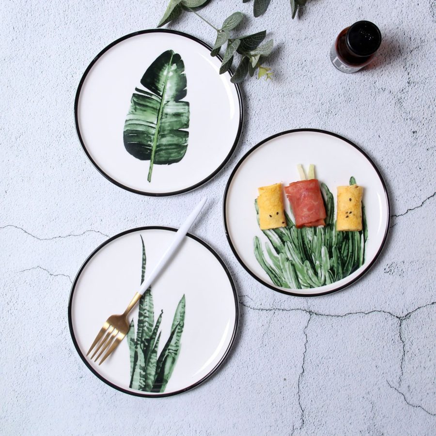 Dĩa sứ trắng họa tiết lá cây 20cm