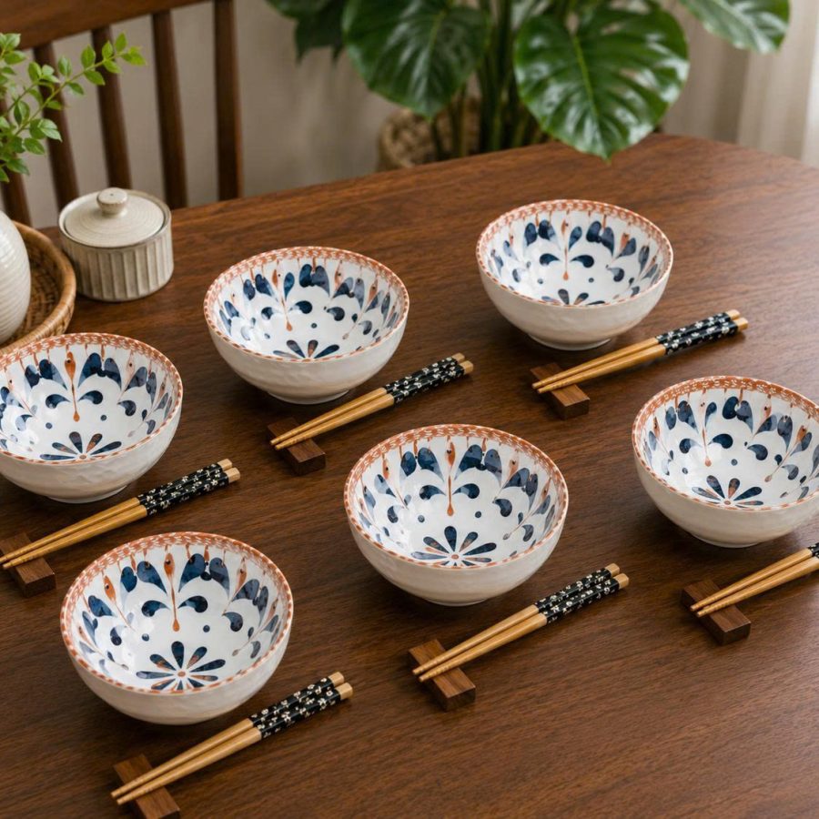 Bộ 6 chén kiểu viền nâu cao cấp và 6 đôi đũa kèm hộp làm quà tặng sang trọng