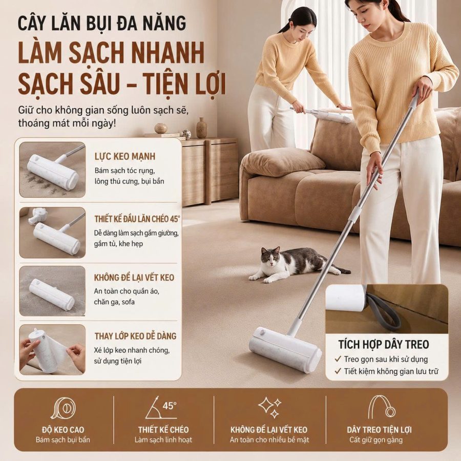 Cây lăn bụi đa năng cán dài lõi 24cm siêu rộng (V)
