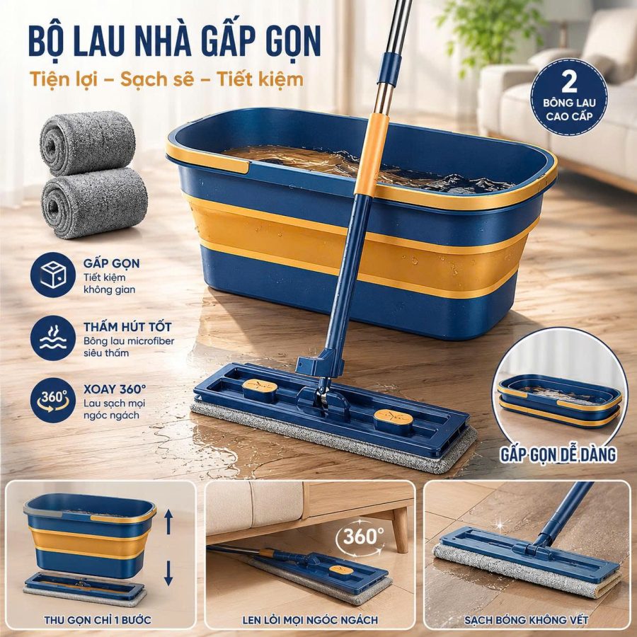 Bộ Cây Lau Nhà kèm Chậu Gấp Gọn Silicon Gấp gọn Kèm 2 Bông Lau