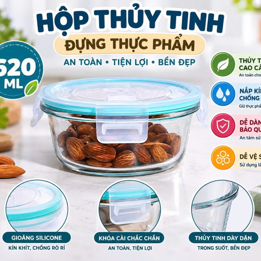 Hộp thủy tinh tròn nắp gài 620ml (V)