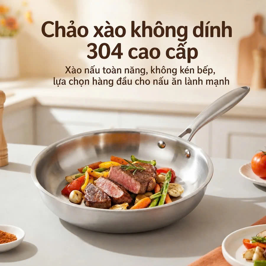 Chảo inox 304 3 lớp đáy phẳng 26cm (V)