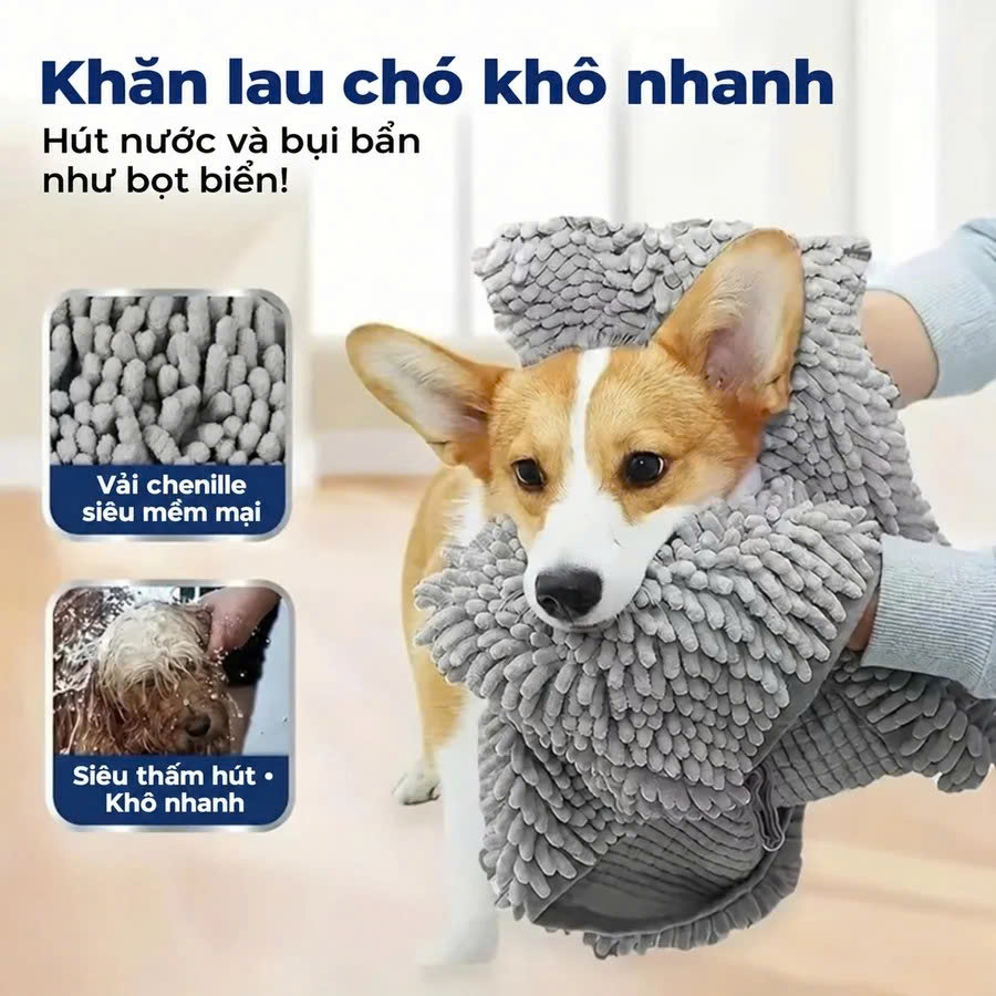 Khăn lau khô lông thú cưng Microfiber siêu thấm (V)